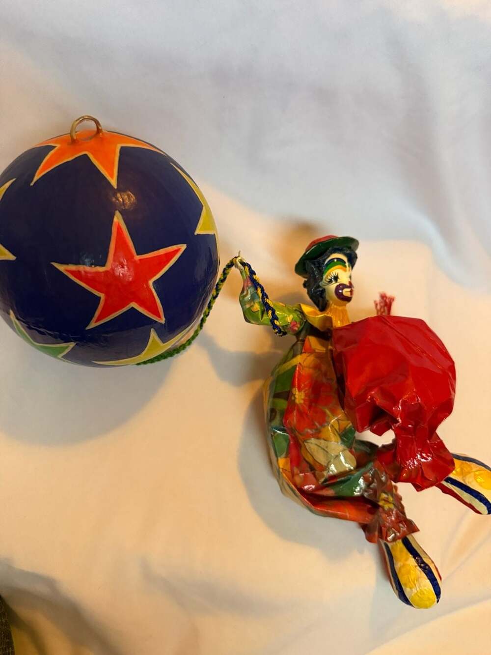 Handmade Paper Mache Hanging Clown with Star Balloon Figurine